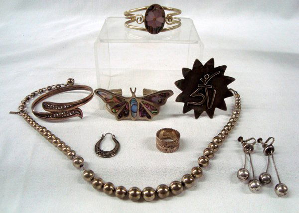 Collection of Mexican & American Jewelry: Collection of Mexican Jewelry, some sterling #1 Abalone Butterfly Bracelet, stamped Hecho in Mexico #2 Abalone Oval Flower Bracelet #3 Filagree Bangle Bracelet #4 Sterling Silver Screwback Dangle Earr