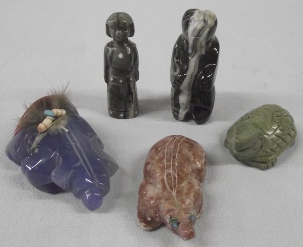 5 Zuni Stone Fetish: 5 Zuni Stone Fetish, largest measures 2.5"H. Picture Rock Bear, Stone Maiden with inlay Turquoise, Amethyst Color Badger, Green Stone Turtle with pendant hole in tail area, & Carnelian Color Agate Sto