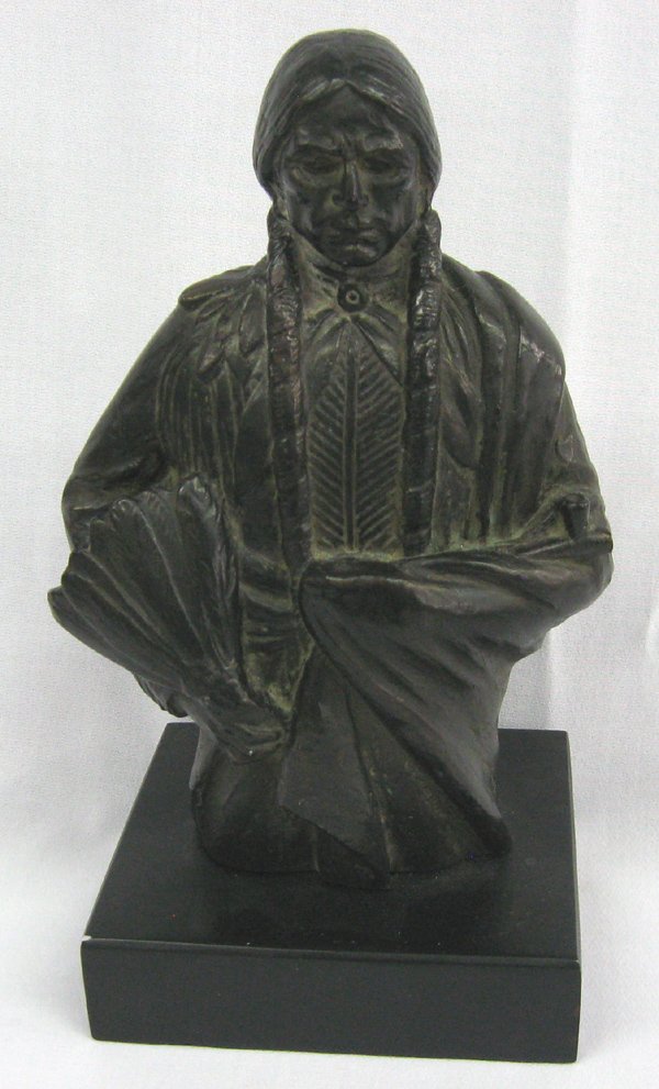 Quanah Parker Sculpture by J.L. Boulton 1896-1981: Joseph M. Lorkowski Boulton Indian Bust Sculpture (American, 1896-1981); the resin sculpture depicting Quanah Parker-Comanche Chief with peace pipe and eagle feather, incised Boulton hallmark on lower
