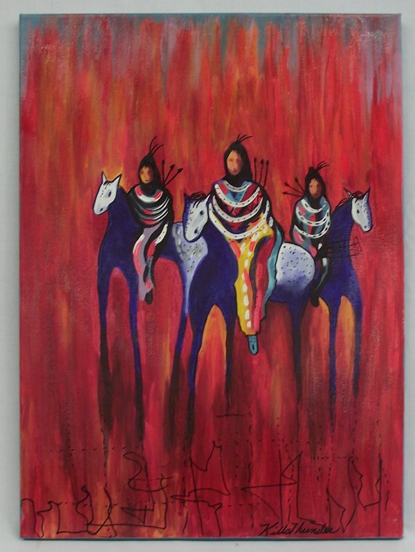 Original Painting ''Red Warriors'' by Kills Thunder: Original Acrylic Painting on Canvas ''Red Cloud Warriors'' by Kills Thunder, measures 24''H x 18''W. Artist Bio: Kathleen Kills Thunder (her legal name) was born in 1947 in Seattle, WA. Her father, Be