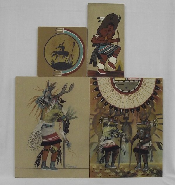 Four Navajo Sand Paintings: Four Navajo Sand Paintings, largest measures 12'' x 16'', #1 Buffalo Dancer, tells of a great hunt, by Stephanie Yazzie #2 End of the Trail, rainbow around it for protection, by Ronald Toledo Box 1344
