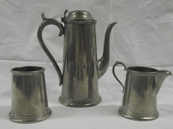 Worcester Silver Co. Pewter Tea Set: Worchester Silver Co. Pewter Tea Set, teapot measures 8.25''H x 7.25''L x 4.5''D, 3 piece, each piece is hallmarked ''Worcester Silver Co. New York English Pewter Made in England'' and on the bottom o