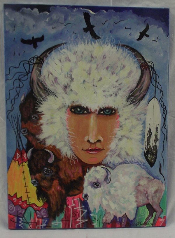 Original Acrylic Buffalo Woman by Kills Thunder: 2013 Original Acrylic on Canvas Painting ''Buffalo Woman'' by Kills Thunder, visual measurement 24''L x 17.75''W, signed in lower right corner as well as titled, dated, and signed on the back, Artist 