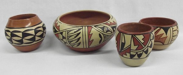 Four Jemez Pottery Jars: Four Jemez Pottery Jars, largest measures 3.5'' x 7'', #1 Polychrome Jar by J. Sando Jemez #2 Polychrome Jar by Anna Tafoya Jemez #3 Polychrome Jar by M.S. Toya Jemez #4 Polychrome Jar by Dorela Sosa 