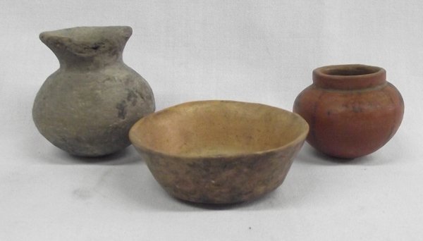 2 PreColumbian Pottery Jars & 1 Prehistoric Buckeye Pot: 3 PreColumbian Pottery Jars, & 1- Prehistoric Buckeye Arizona Pot. largest measures 3'' x 3''. Acquired in accordance with all State & Federal Lawa.