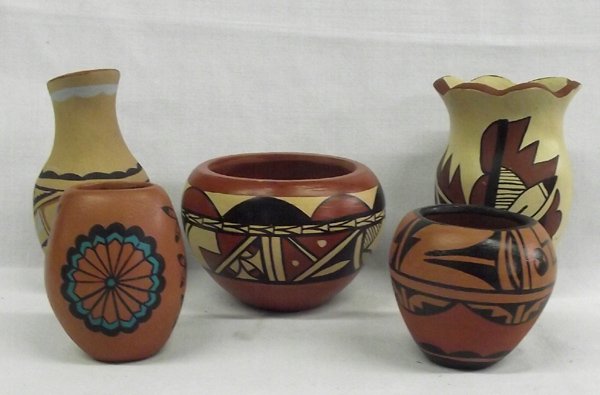 Five Jemez Pueblo Pottery Jars: Five Jemez Pueblo Pottery Jars, largest measures 5'' x 3.5'', #1 Polychrome Jar by M. Toya Jemez #2 Polychrome Jar by M. Fragua Jemez #3 Polychrome Jar by M.S. Toya Jemez #4 Polychrome Pot by A. Toya