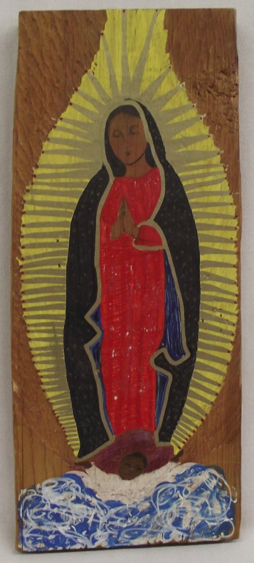 Our Lady of Guadalupe Retablo: Our Lady of Guadalupe Retablo. Patroness of all ills against evil and war and patroness of all Native American and Mexican peoples. This piece measures approx. 12''T x 5''W.