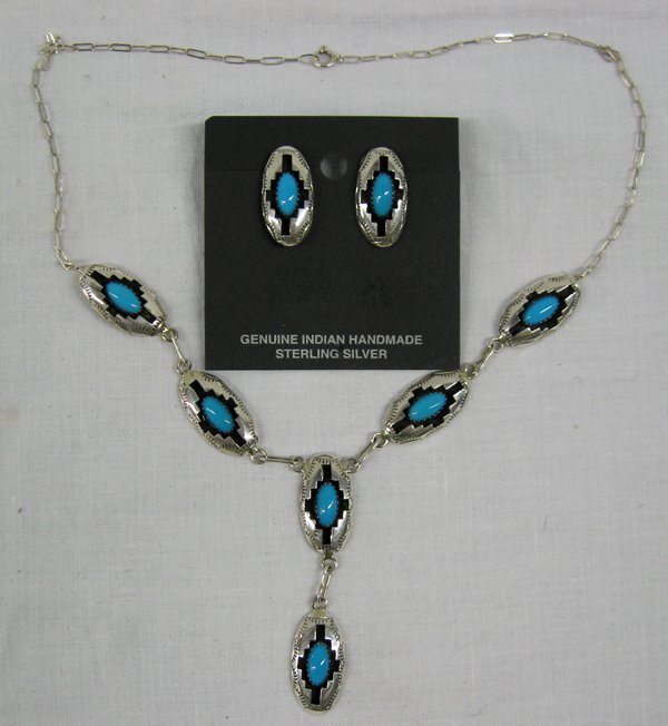 Navajo Turquoise Necklace & Earrings by P Benally: Navajo Sterling Silver Turquoise Shadow Box Necklace & Earrings by P Benally. Necklace measures approx. 17'' L with longes pendant 1.75''L x .5''W. Pierced Earrings measures approx. 1''L x .5''W