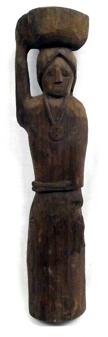 New Mexican Carved Wooden Statue by Eloy Espinoza: New Mexican Carved Wooden Statue by Santa Fe artist Eloy Espinoza, measures 16.5''H x 4''W x 3.5''D, signed on bottom by artist