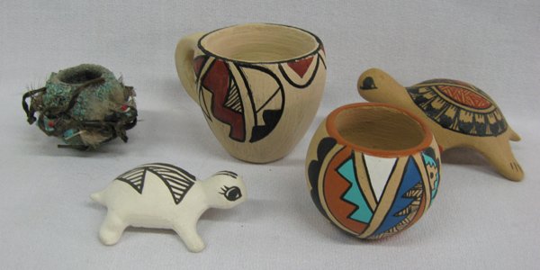 3 Jemez Pottery & 1 Acoma Pottery & 1 Navajo Pot: 3 Jemez Pottery & 1 Acoma Pottery & 1 Navajo Pot, all miniatures. Jemez Cup signed P.C. Gachupin, 1 Jemez Turtle Pottery Signed McDavis, 1 Acoma Pottery Turtle signed S. Chino, 1 Navajo Sand Stone Fet