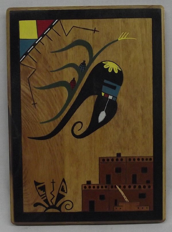 Hopi Painting on Board by Lorin Nutukmya: 2003 mixed media on board of longhair, cloud, corn, prayer shrine 12''x9'' signed Lorin Nutukmya