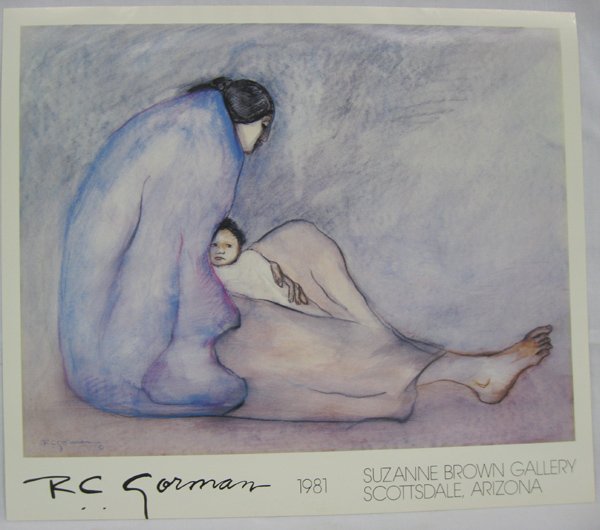 1981 R. C. Gorman Print will be rolled for shipping: 1981 R. C. Gorman Print, will be rolled for shipping.This print is of an original held at the Suzanne Brown Gallery, Scottsdale, AZ. This piece has a visual measurement of 17'' x 22''. (can rolled for