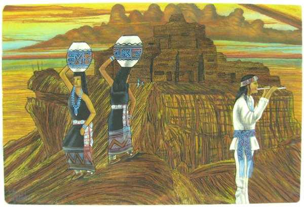 Huge Original Sand Painting by Little River Simpson: Original Sand Painting by Little River Simpson. Titled ''Hopi Village'' this is signed on the back by the artist with an inscription reading ''Before sundown, water is carried in water pots, and carri