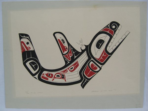 1974 Northwest Signed & Numbered Print by Thompson: 1974 Northwest Signed & Numbered Print by A. Thompson. This bright print titled ''Killer Whale'' measures approx. 14''H x 20''W. (can be rolled for shipping)