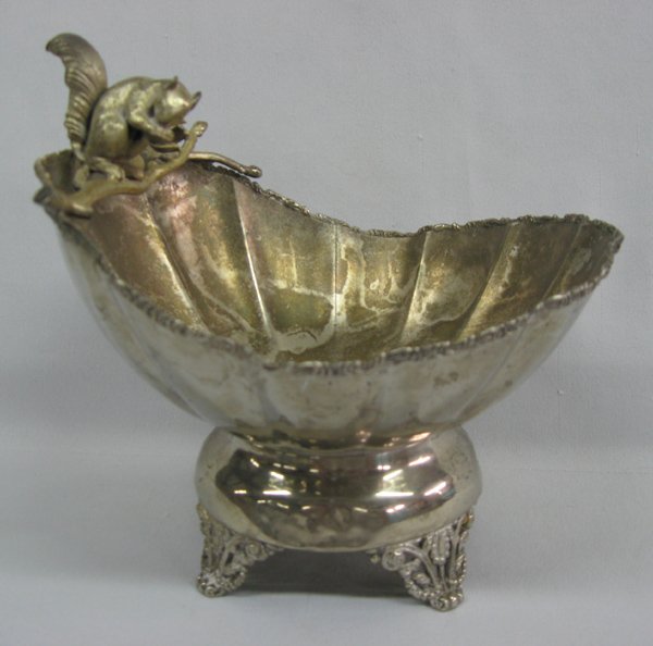 Antique Knickerbocker Silver Co. Nut Bowl: Antique Knickerbocker Silver Co. Nut Bowl, measures 8''H x 8''L, bowl features branch handle with sitting squirrel, bowl is marked on bottom KS CO P315, squirrel is watching over bowl of nuts