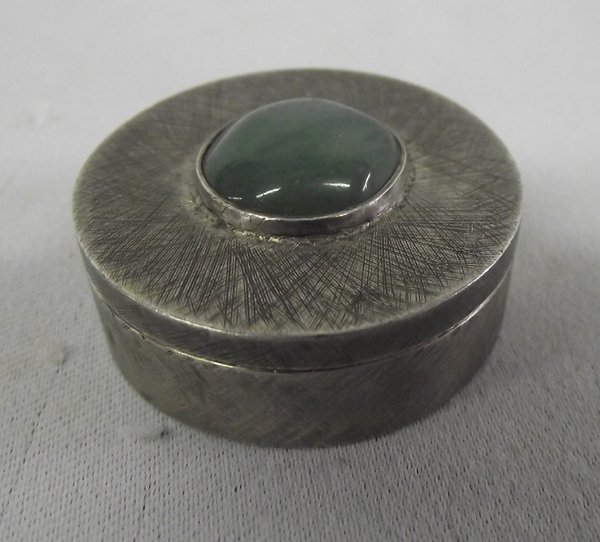 Sterling Silver Jade Pill Box - Pedro A. Batista: Portuguese Sterling Silver Jade Pill Box - Pedro A. Batista, measures 1.5''D, stamped with artist's name and Porta (Portugal)