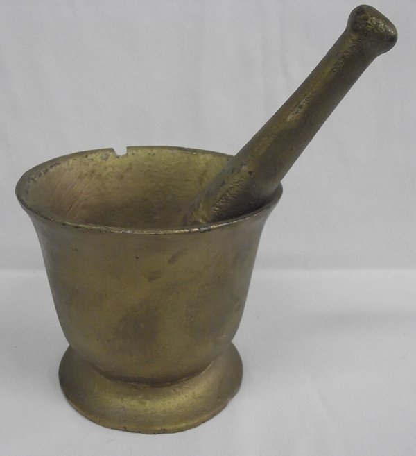 Antique Miner's Cast Iron Mortar and Pestle: Antique Miner's Mortar and Pestle, mortar measures 6''H x 7''D and pestle measures 10''L x 2''W x 1.5''D, has chip in rim, very heavy
