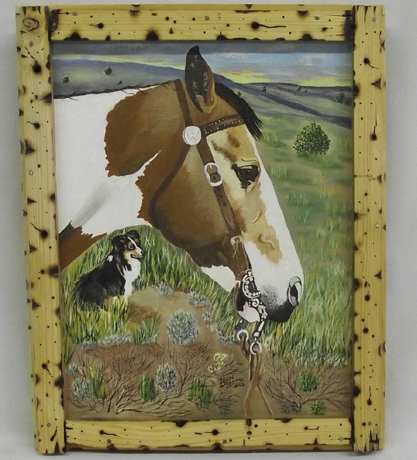 Original Acrylic by New Mexico Artist Leon Dunning: 2012 Original Acrylic Buddies by Leon Dunning, measures 9.75''L x 7.75''W, signed and dated in lower right by artist as well as titled, signed, and dated on back, comes in a beautiful handcrafted fram