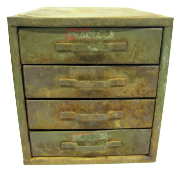 Antique Metal Jewelry Tool Box: Antique Metal Jewelry Tool Box With Drawers. Box measures 6''H x 5.75''W and 8.25'' in length. Box has four sliding drawers with handles. Perfect for small tool storage.