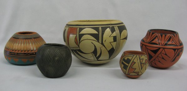 Collection of Pueblo Pottery: Collection of Pueblo Pottery, largest measures 5''D x 4.5''H, #1 Vintage Hopi Bowl by J.A. Chinana #2 Navajo Sgraffito Jar by Terry Smith #3 Jemez Jar by L. Yepa #4 Cherokee Jar by Big Meat (yes, that
