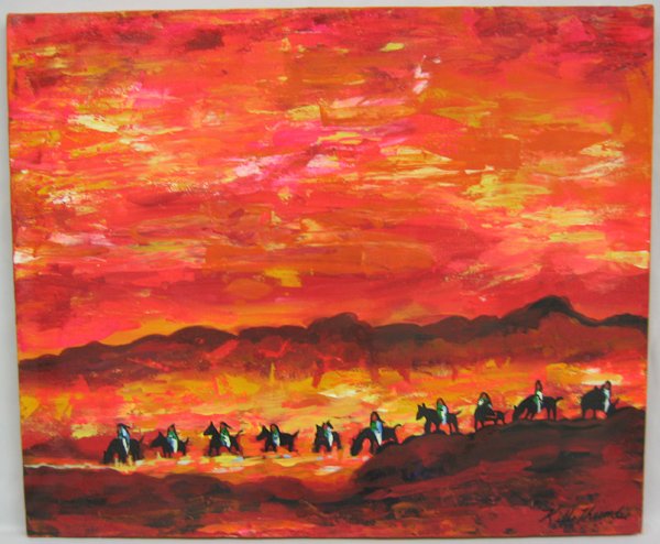 Original Acrylic by Kills Thunder Riding Home: Original Acrylic by Kills Thunder ''Riding Home'', measures 20'' x 24'', titled ''Riding Home''. Kathleen Kills Thunder was born in Seattle, Washington. Kathy has been painting and beading since she w