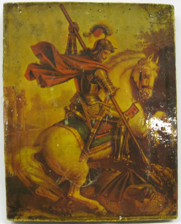Antique Original Painting Sir George the Dragon Slayer: Antique Original Oil Painting, of Sir George the Dragon Slayer on Canvas, measures 9.5'' x 7.5'', has preservative sealer over picture. From the Proctor Collection, Silver City, New Mexico