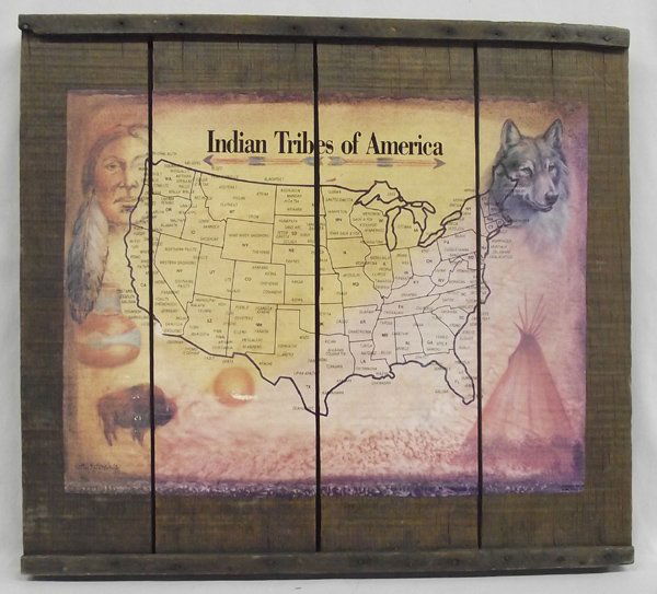 Indian Tribes of America Decoupage by Peggy Ott: Indian Tribes of America by Peggy's Grape Tray Art, measures 24''H x 27''W, Peggy and Jerry Ott, decoupaged map of the Native American Tribes of America on an Antique Grape Drying Tray (1940s), proven