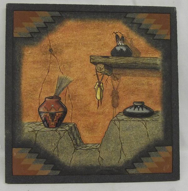 1999 Navajo Original Sand Painting by Thomas Benally: 1999 Navajo Sandpainted & Wood Burned Picture - Thomas Benally of Red Valley, Arizona, mixed media of woodburning, sandpainting, colored pencils, pastels, and turquoise inlay, signed on back by artist