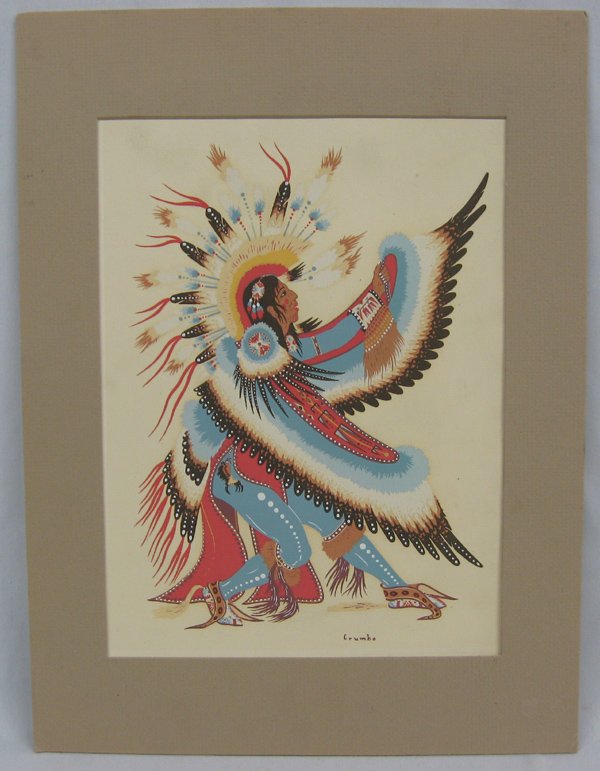 Potawatomi Print by Woody Crumbo: Potawatomi Print by Woody Crumbo, 11.5''L x 8.5'', Woodrow Wilson ''Woody'' Crumbo (January 21, 1912-April 4, 1989) was a Potawatomi artist, flautist, and dancer. As an independent prospector, he foun