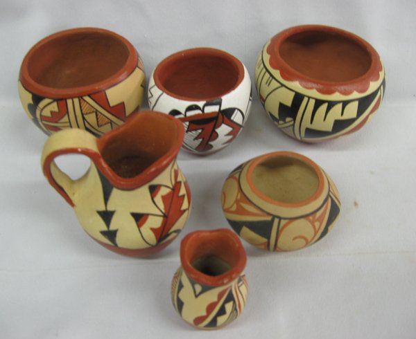 Six Jemez Pots, Signed: Six Jemez Pots, Signed. Largest pot measures 3'' x 4''. Signatures include: Delcie Toya, Lucy A. Toya, L. Toya, Alice.