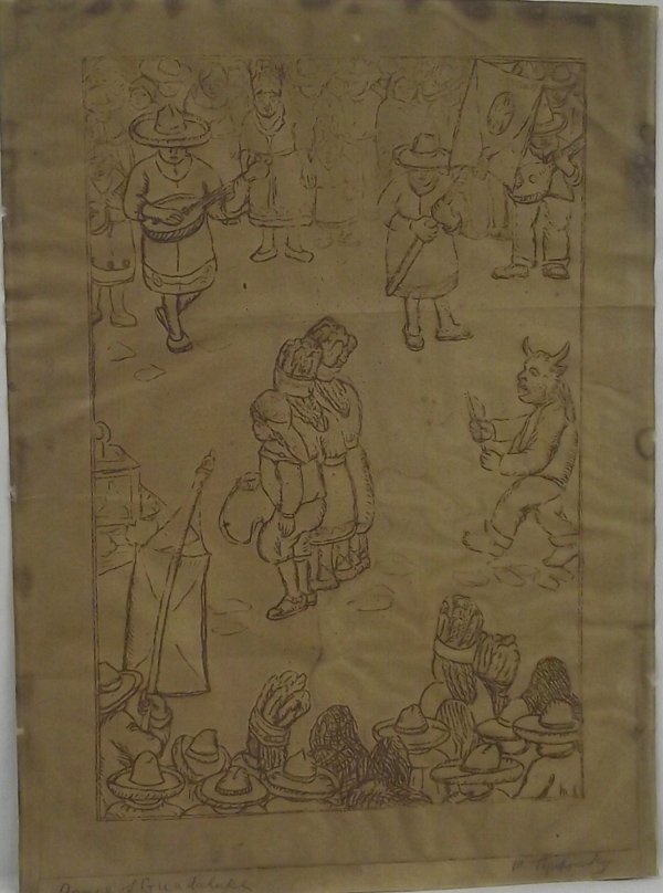 Antique Signed Engraving by Morris Topchevsky: Antique Signed Mexican Engraving ''Dance of Guadalupe'' by Morris Topchevsky (Russian-American, 1899-1947), on heavy paper, measures 17'' x 12.5'', title signed in pencil in lower lefthand corner ''Da