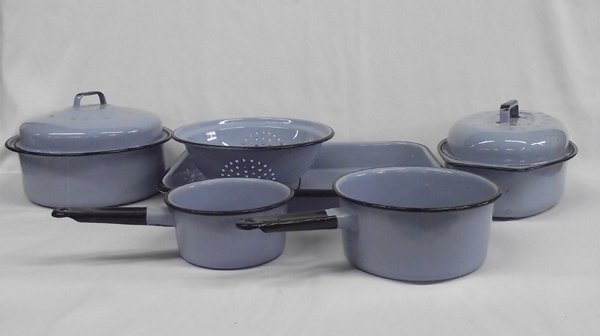 Collection of Blue Enamelware Pots and Pans: Collection of Blue Enamelware Pots and Pans, largest pan measures 2''H x 15''L x 12''W, set includes 2 saucepans, 1 colander, 2 covered casseroles, and one baking pan