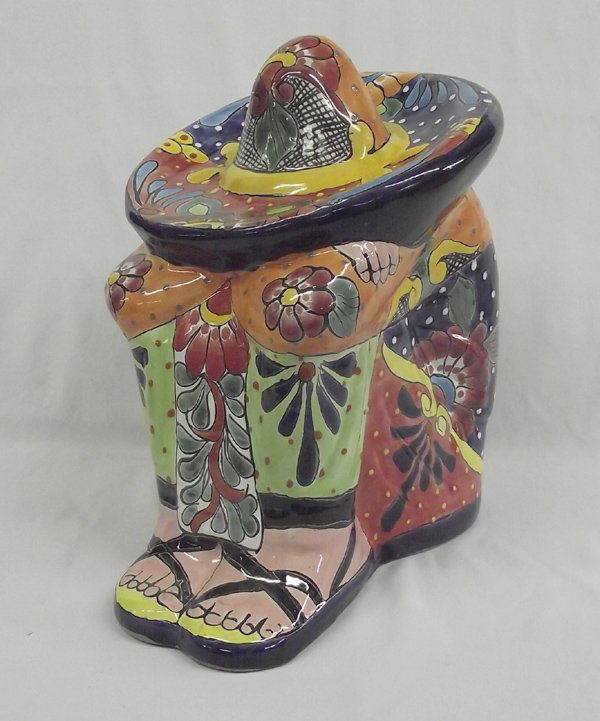 Talavera Style Siesta Man Pottery Figure: Talavera Style Siesta Man Pottery Figure, measures 14''L x 10''W x 16''H, hallmarked Mex. B, vibrant colors