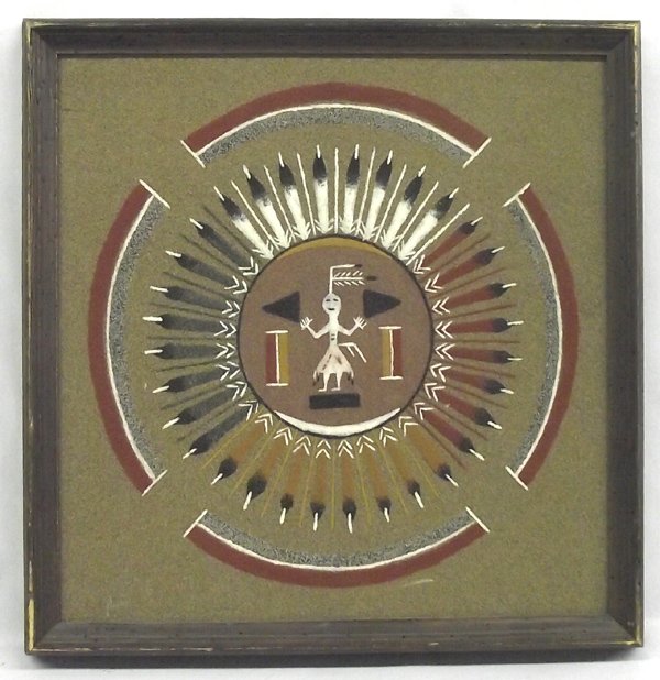 1973 Navajo Sun and Eagle Sand Painting - W. Ben: 1973 Navajo Sun and Eagle Sand Painting - Wallace Ben, framed, sand painting measures 11 3/8 square inches, provenance on back hand written by artist, ''Sun and Eagle This is a Navajo Religious Ceremo