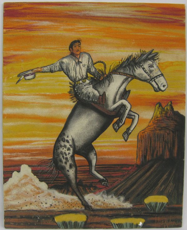 Navajo Sand Painting by Little River Simpson: Navajo Sand Painting ''Cowboy Sundown Ride'' by Little River Simpson, measures 16''W x 20''L, gorgeous southwest sunset colors, title is written on back of painting