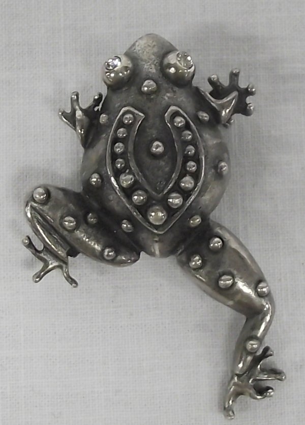Adorable Tree Frog Pin with Rhinestone Eyes: Frog Brooch, measures 2'' x 1'', an adorable leaping frog brooch with rhinestone eyes