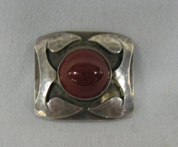 B Jarne Sterling Silver Carnelian Pin,: Carnelian & Sterling Silver Pin, Signed. Measures 1'' x 1'', round carnelian cabochon. Marked ''Sterling'' ''Handwrought by BJarne.