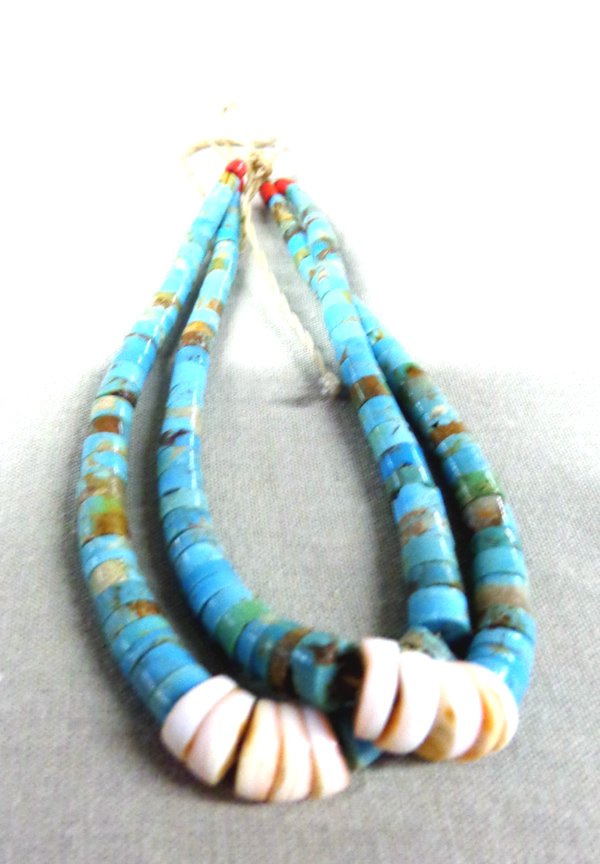 Pair Navajo 1950s Turquoise Heishi Coral Jocklas: From the Southwestern Americana Collection Scottsdale AZ we have a Pair of Navajo 1950s Turquoise and Puka Shell Jocklas, measures 5''L, beads range in size from 1/8'' to .25'', mother of pearl corn b