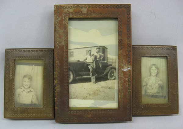 1930s Antique Copper Picture Frames: 1930s Antique Copper Picture Frames, largest measures 3.5'' x 5.5'', set of 3, each frame contains a photo, great frames