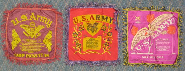 1940s Army Silk Throw Pillow Cases: 1940s Silk Throw Pillow Cases, measures 16'' x 16'', #1 U.S. Army Field Artillery Mother Poem Fort Sill, Okla., #2 U.S. Army Sister Poem, #3 U.S. Army Mother Poem Camp Pickett, VA