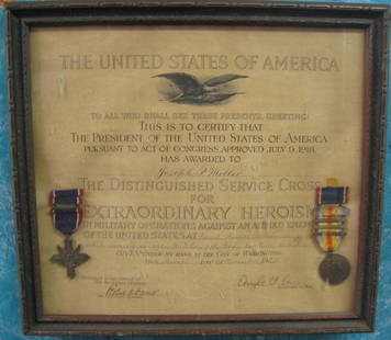 1925 Distinguished Service Armed Forces Award: 1925 Distinguished Service Armed Forces Award, measures 14'' x 13'', framed under glass, contains 2 Distinguished Service Cross Awards and Certificate awarded to Joseph P. Miller for Extraordinary Her