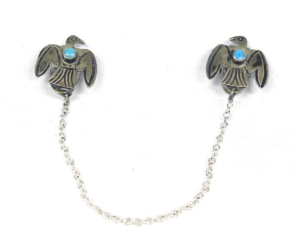 Pr Vintage Navajo Sterling Turquoise Sweater Clips: Vintage Navajo Sterling Turquoise Thunderbird Sweater Clips, each Thunderbird measures 7/8'' x 7/8'', new chain