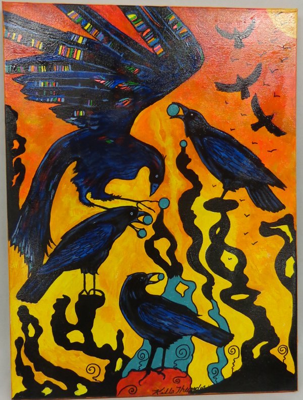 Original Painting ''Fire Ravens'' by Kills Thunder: Original Painting ''Fire Ravens'' by Kills Thunder. Acrylic on canvas, measuring 18'' x 24''.