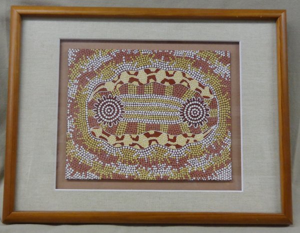 Original Aboriginal Art ''Twin Snakes Dreaming'': Original Aboriginal Art ''Twin Snakes Dreaming''. Acrylic on canvas. Visual measures 9 3/4'' x 7 3/4'' shadow boxed frame with linen mat, measuring 13'' x 17''.