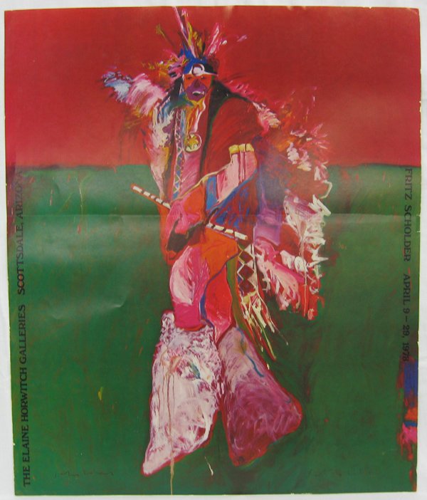 1973 Fritz Scholder Scottsdale, AZ Gallery Poster: 1973 Fritz Scholder Scottsdale, AZ Gallery Poster hand signed in lower right corner by Fritz Scholder, measures 28'' x 23''W, can be rolled and shipped in tube, ''Fritz Scholder April 9-29, 1973 The E