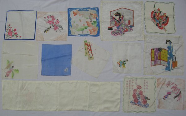 13 Vintage Japanese Silk Scarves and Handkerchiefs: 13 Vintage Japanese Silk Scarves, longest measures 43''L x 11''W, 9 with Geisha Girls which includes one nude, 3 floral, and 1 Samurai Warrior, beautiful scarves and handkerchiefs