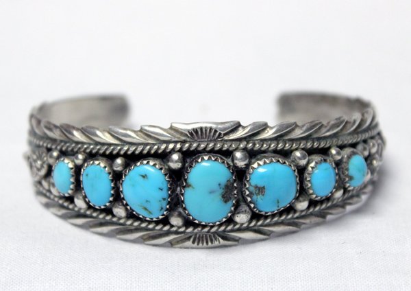 Navajo Sterling Turquoise Bracelet - Pete Morgan: Fabulous Navajo Sterling Turquoise Bracelet - Pete Morgan, Stunning Vintage Cuff Bracelet, this bold beauty has 7 Robin Egg Blue Turquoise sawtooth bezel set cabs set in sterling with all etched and r