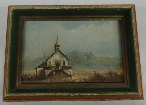 Original Oil Church - Western Artist Lester Hughes: Original Oil Church - Western Artist Lester Hughes (1940-present), on canvas, framed, visual measures 5'' x 7'', Artist Bio: From El Paso, Texas, Lester Hughes is a self-taught artist who paints imagi