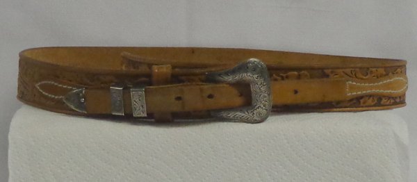 Cowboy Tooled Leather Belt & Sterling Ranger Buckle: Hand Engraved Sterling Silver Overlay Ranger Buckle on hand tooled leather ''Chambers'' belt, buckle measures 1.75''L x 2''W, belt is 37''L x 1 3/8''W, belt features oak leaves and acorns, buckle is s