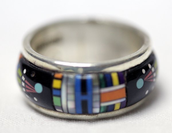 Navajo Stone to Stone Inlay Ring by Stella Smiley: Navajo Stone to Stone Inlay Ring by Stella Smiley, size 8.25, stunning stone to stone inlay work in jet, spiny shell, lapis, mother of pearl, turquoise, coral, yellow shell, and others, stamped sterli